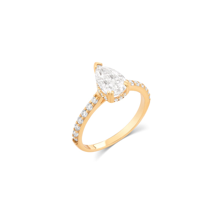 10K/14K Yellow Gold Solitaire CZ Pear Cut Ring with Micro Pavé Band