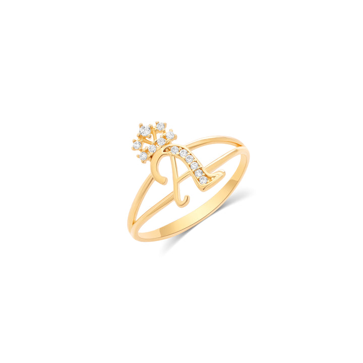 10K/14K Yellow Gold Crown Initial Ring with Cubic Zirconia Stones