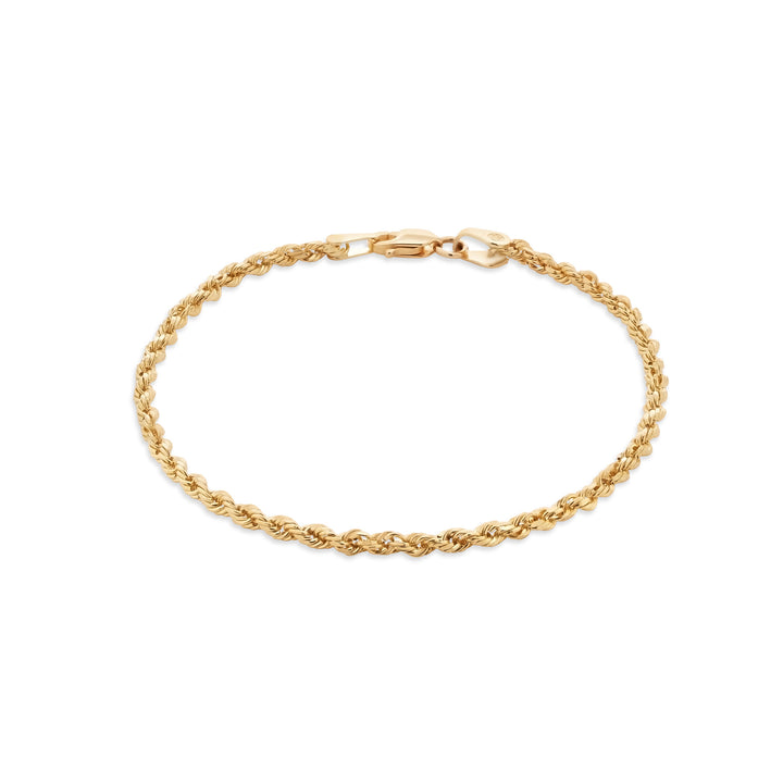14K Semi-Hollow Yellow Gold 2.5mm Rope Chain Bracelet with Lobster Lock