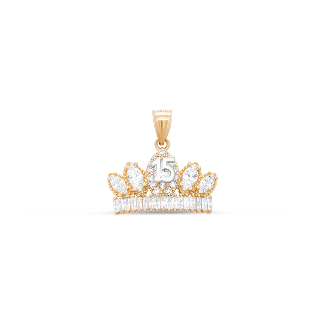 10K/14K Yellow Gold Quinceañera Necklace Crown Number 15 with Cubic Zirconia Stones