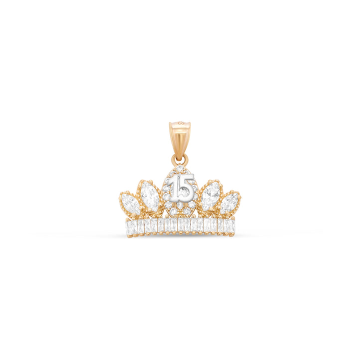 10K/14K Yellow Gold Quinceañera Necklace Crown Number 15 with Cubic Zirconia Stones