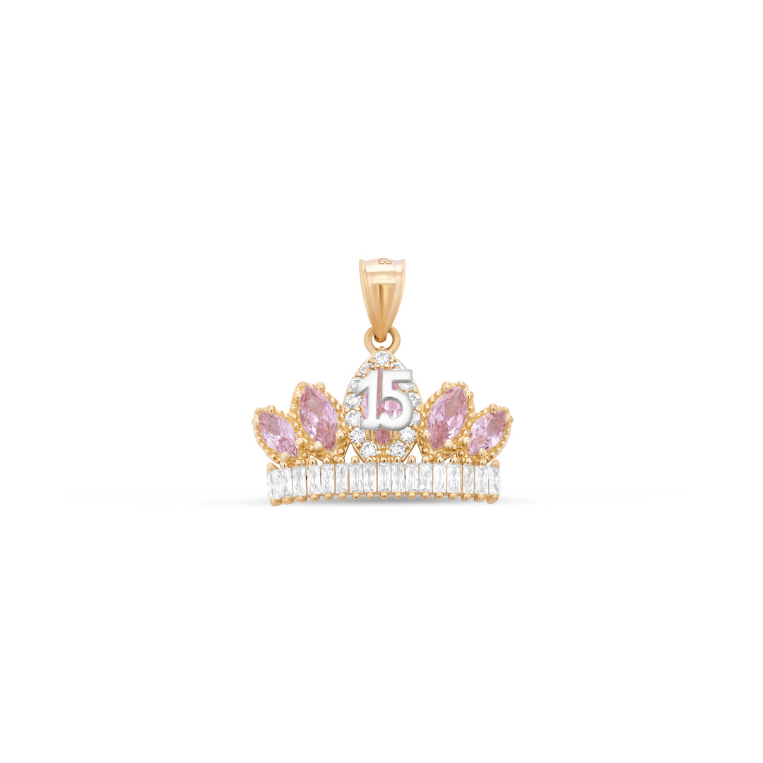 10K/14K Yellow Gold Quinceañera Necklace Crown Number 15 with Cubic Zirconia Stones