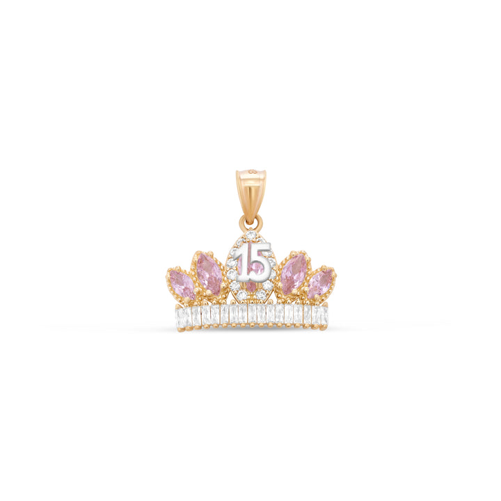 10K/14K Yellow Gold Quinceañera Necklace Crown Number 15 with Cubic Zirconia Stones
