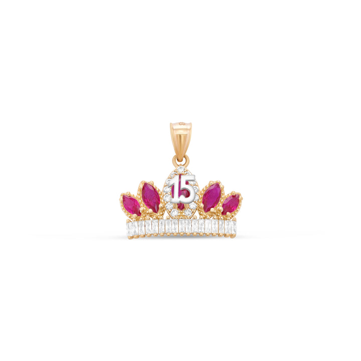 10K/14K Yellow Gold Quinceañera Necklace Crown Number 15 with Cubic Zirconia Stones