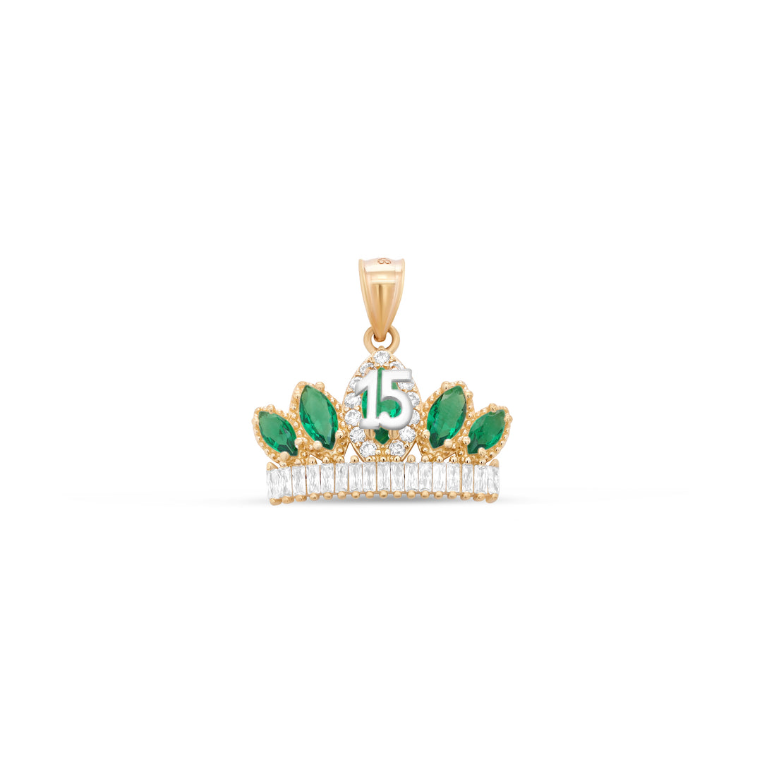 10K/14K Yellow Gold Quinceañera Necklace Crown Number 15 with Cubic Zirconia Stones