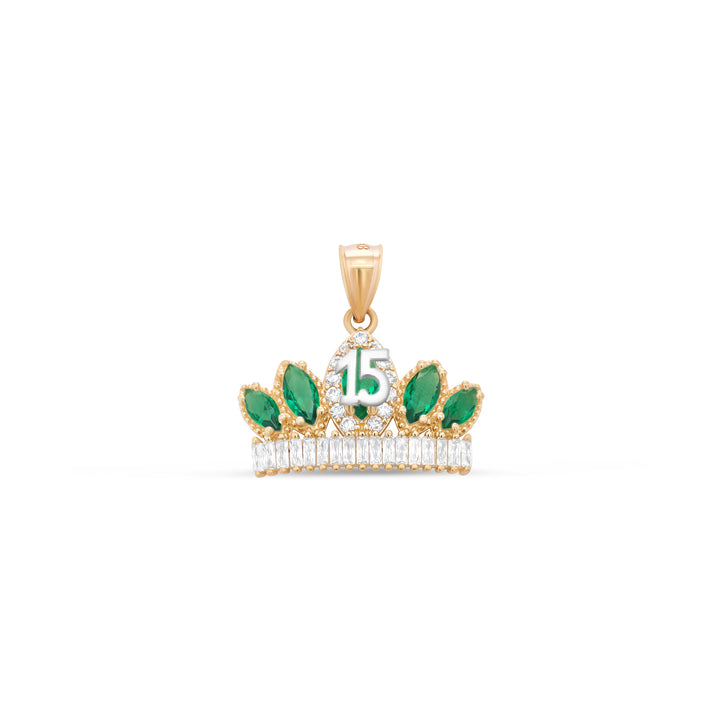 10K/14K Yellow Gold Quinceañera Necklace Crown Number 15 with Cubic Zirconia Stones
