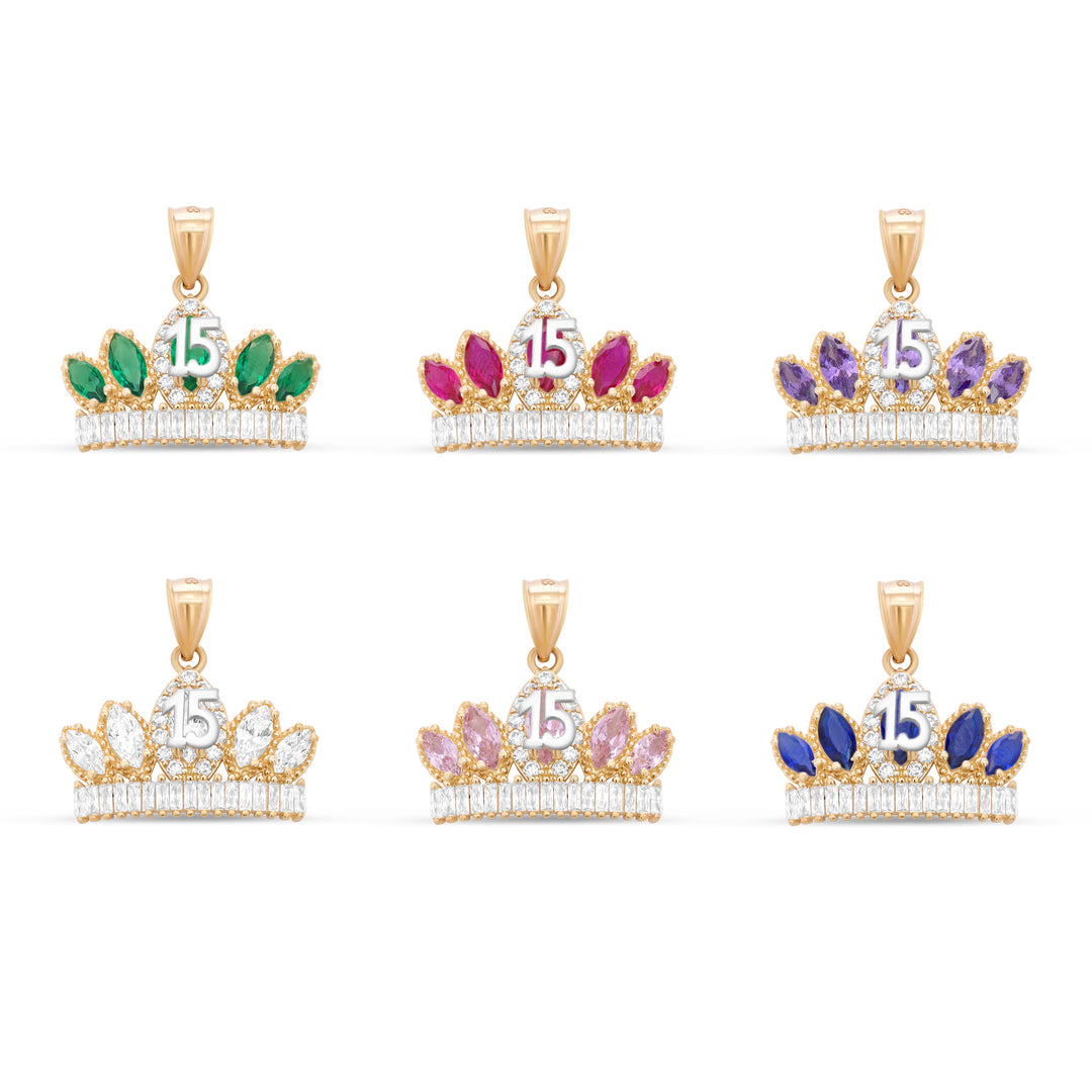 10K/14K Yellow Gold Quinceañera Necklace Crown Number 15 with Cubic Zirconia Stones