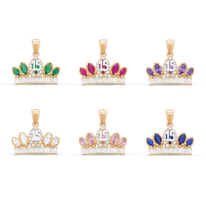 10K/14K Yellow Gold Quinceañera Necklace Crown Number 15 with Cubic Zirconia Stones