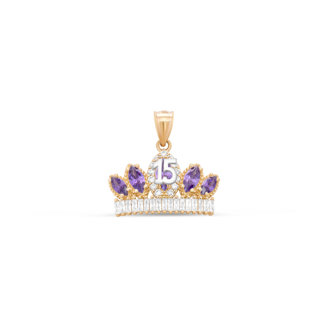 10K/14K Yellow Gold Quinceañera Necklace Crown Number 15 with Cubic Zirconia Stones