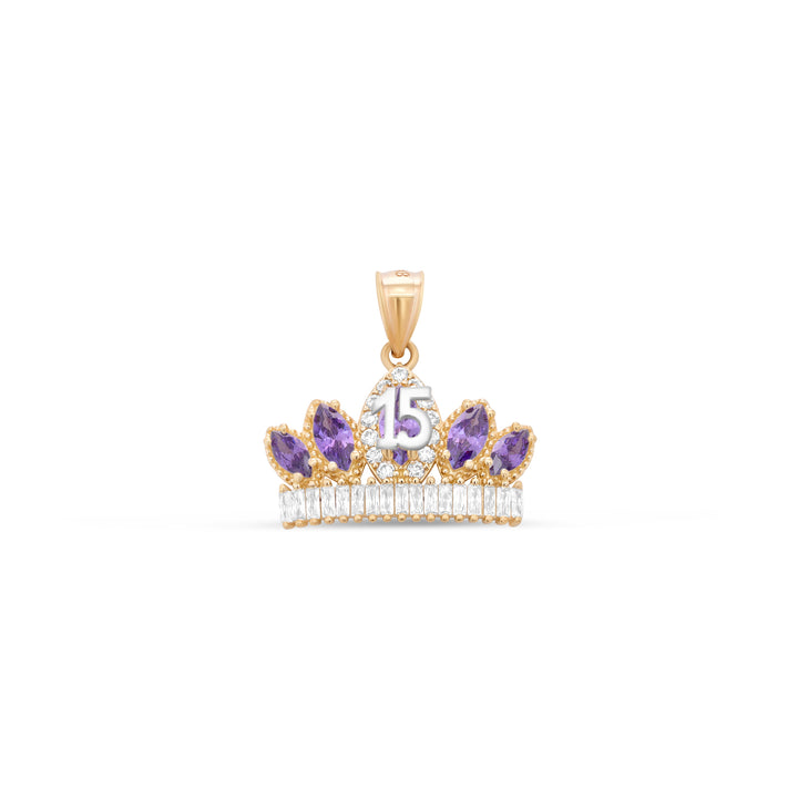 10K/14K Yellow Gold Quinceañera Necklace Crown Number 15 with Cubic Zirconia Stones