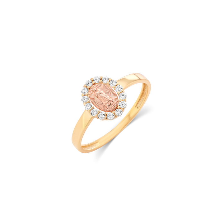 14K Tri Color Guadalupe Halo Ring with Cubic Zirconia Stones