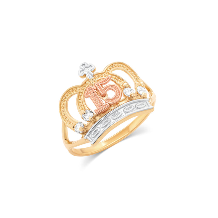 14K Tri Color Gold 15 Crown Ring With Cubic Zirconia Stones
