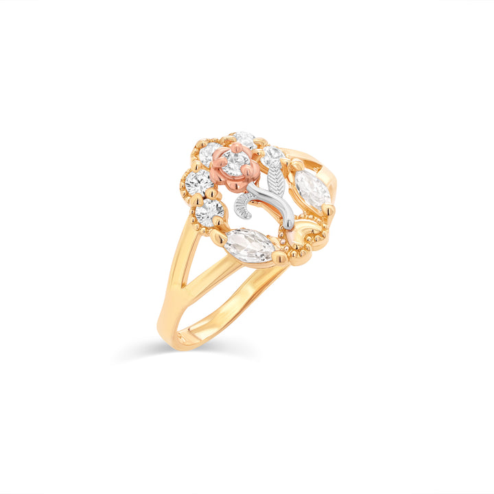 14K Tri Color Guadalupe Floral Ring With Cubic Zirconia Stones