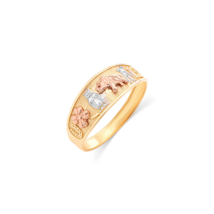 14K Tri Color Gold Lucky Symbol Band Ring