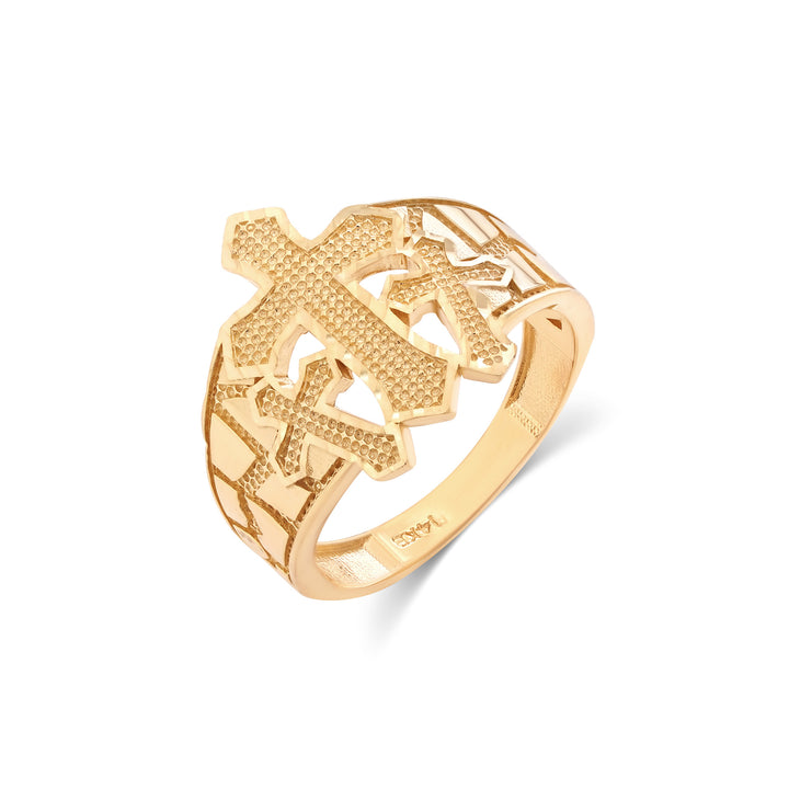 14K Yellow Gold Triple Cross Ring with Hand-Finished Nugget Texture