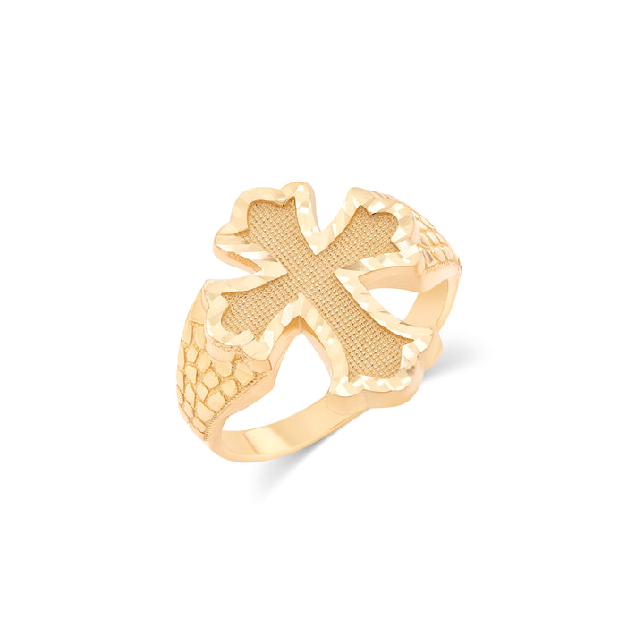 14K Yellow Gold Nugget Sculpted Cross Ring