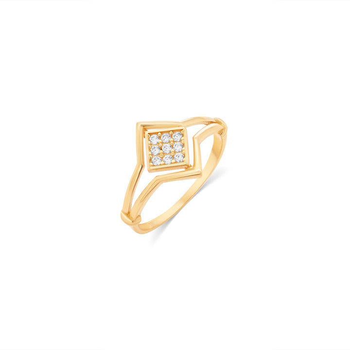 14K Yellow Gold Diamond Shape Frame Ring With Cubic Zirconia Stones