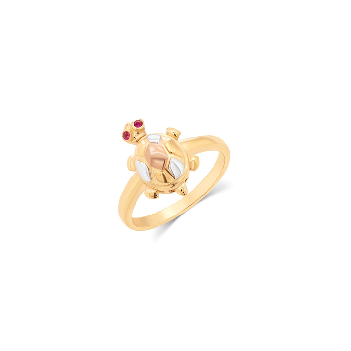 14K Tri-Color Gold Turtle Ring with Cubic Zirconia Ruby Stones