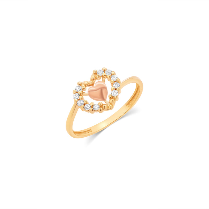 14K Tri Color Gold Center Heart Ring With Cubic Zirconia Stones