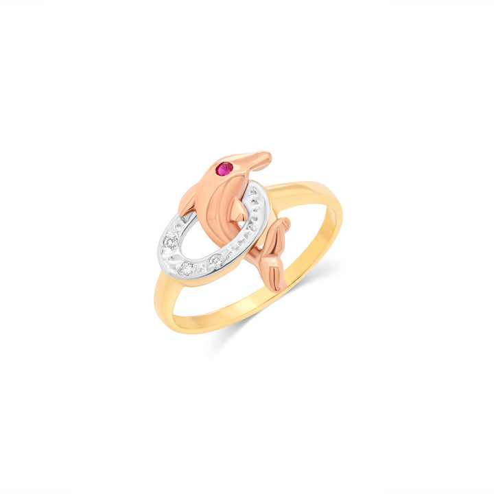 14K Tri Color Gold Center Dolphin Ring with Ruby Stone