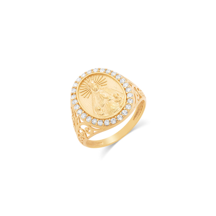 10K/14K Yellow Gold La Caridad Medallion Ring With Cubic Zirconia Stones