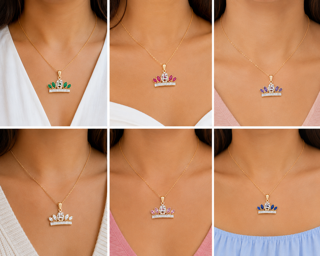 10K/14K Yellow Gold Quinceañera Necklace Crown Number 15 with Cubic Zirconia Stones