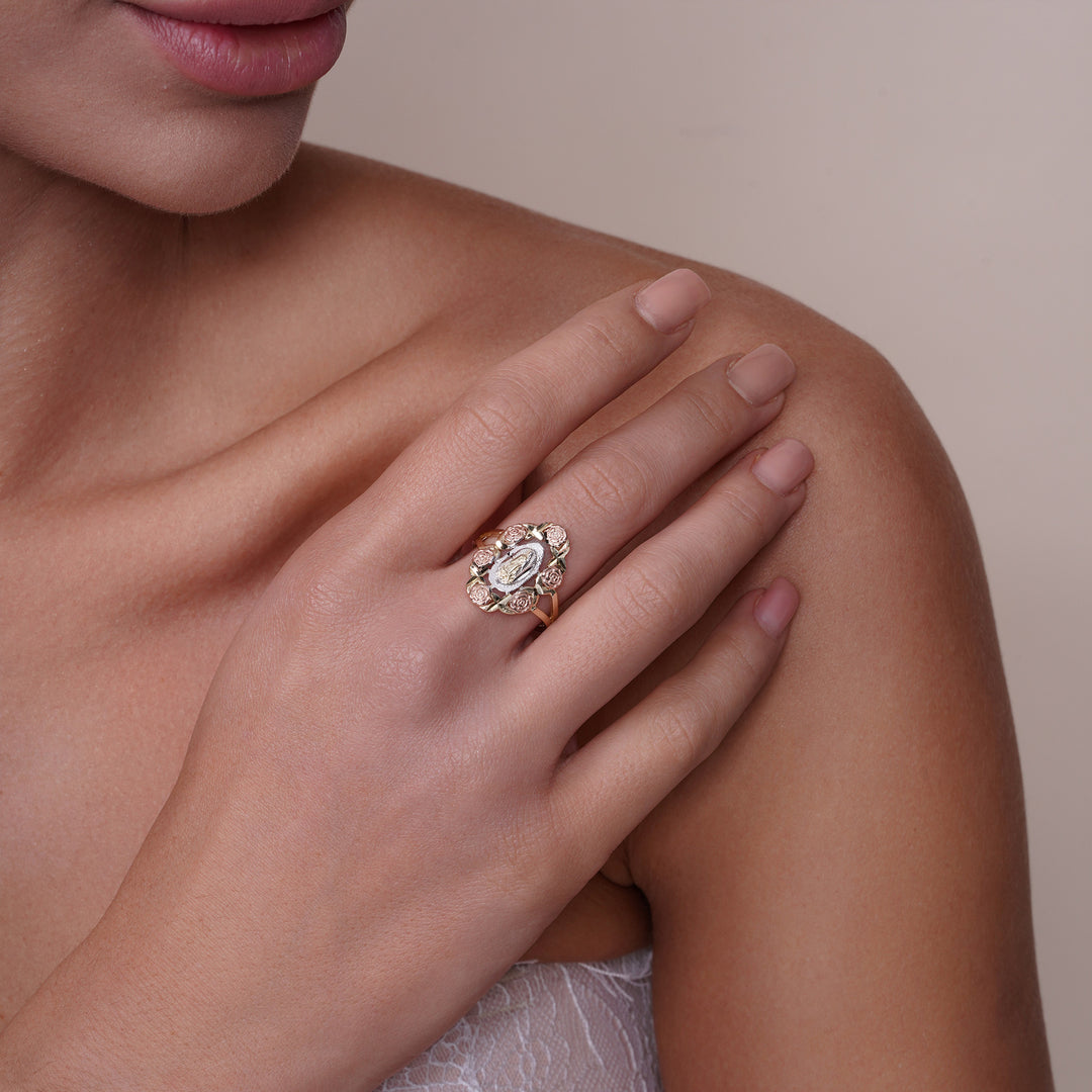 14K Tri Color Guadalupe Rose Ring