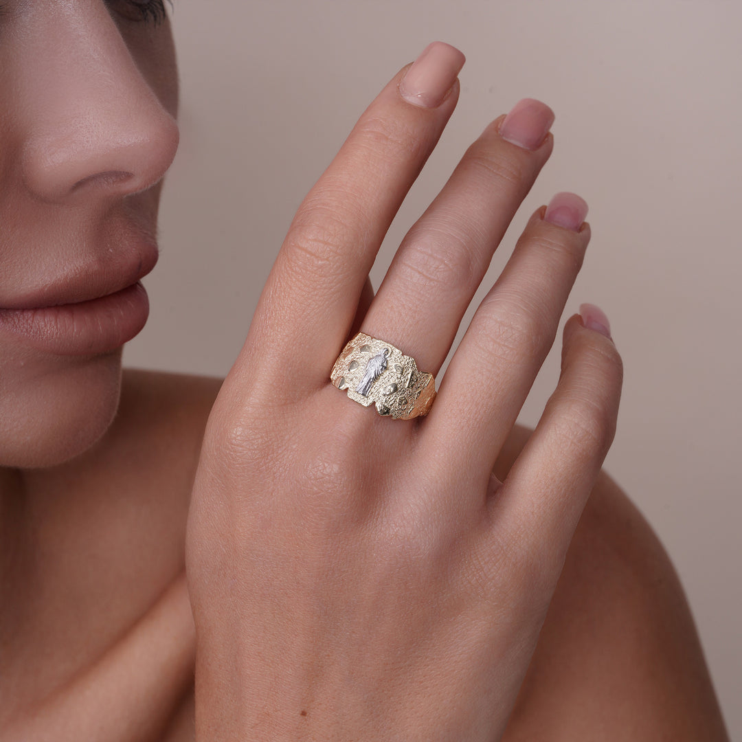 14K Yellow Gold Saint Jude Sculpted Nugget Ring Two-Tone
