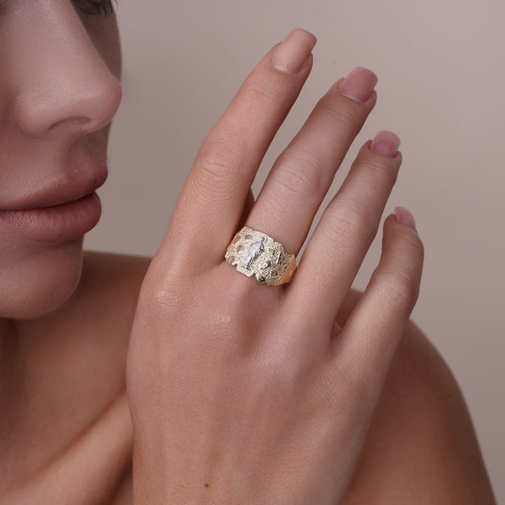 14K Yellow Gold Saint Jude Sculpted Nugget Ring Two-Tone