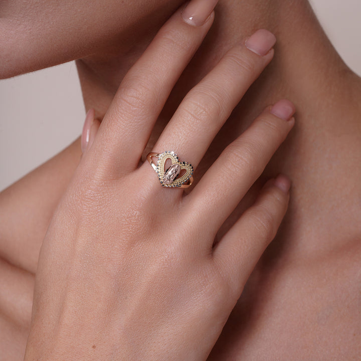 14K Tri Color Gold Guadalupe Heart Ring