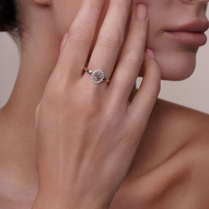 14K Tri Color Guadalupe Halo Ring with Cubic Zirconia Stones