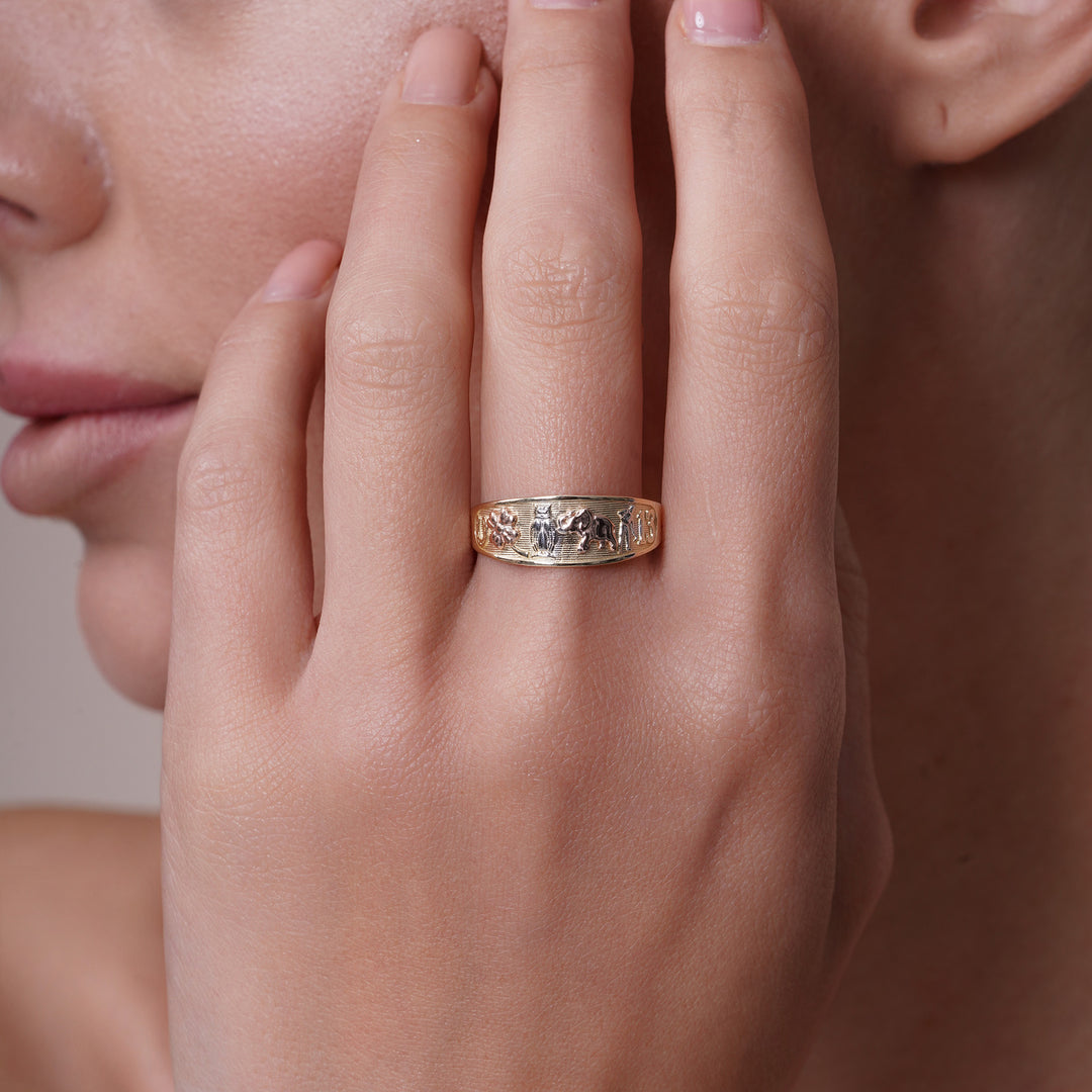 14K Tri Color Gold Lucky Symbol Band Ring