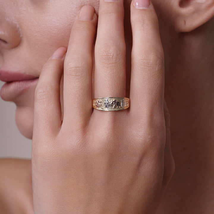 14K Tri Color Gold Lucky Symbol Band Ring