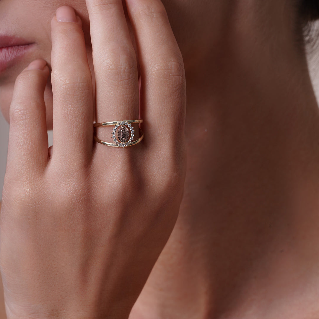 14K Tri Color Guadalupe Open Band Ring with Cubic Zirconia Stones