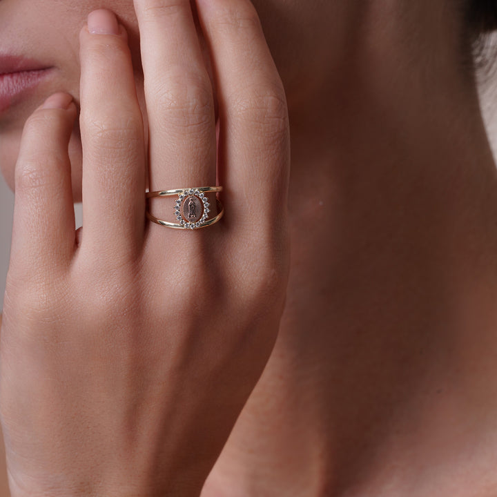 14K Tri Color Guadalupe Open Band Ring with Cubic Zirconia Stones