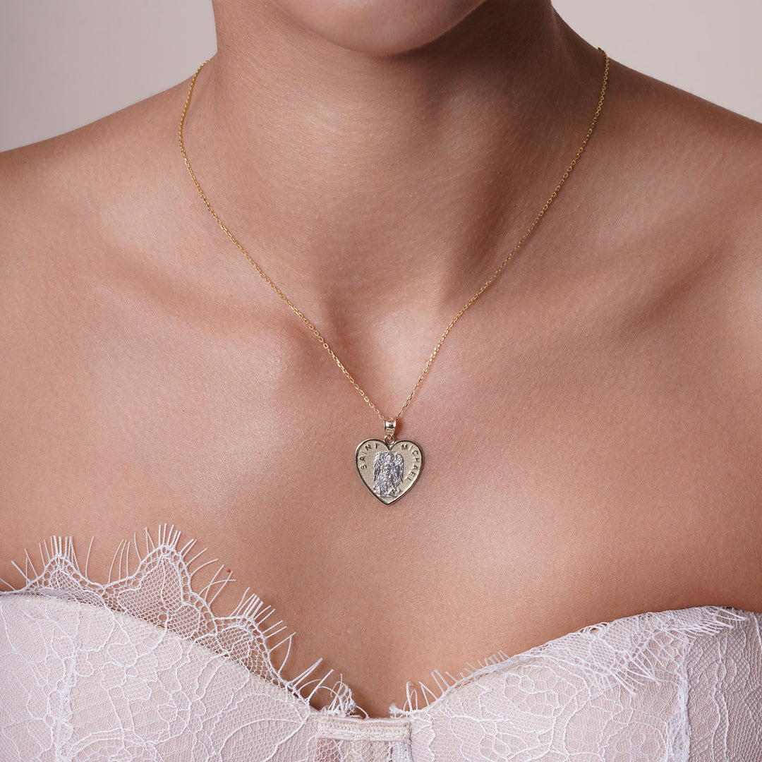10K/14K Yellow Gold Saint Michael Heart Pendant Two-Tone