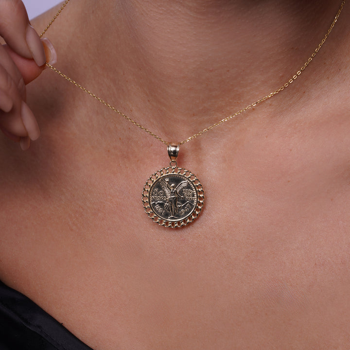 14k Yellow Gold 50 Pesos Centenario Coin Pendant with Cuban-Style Frame