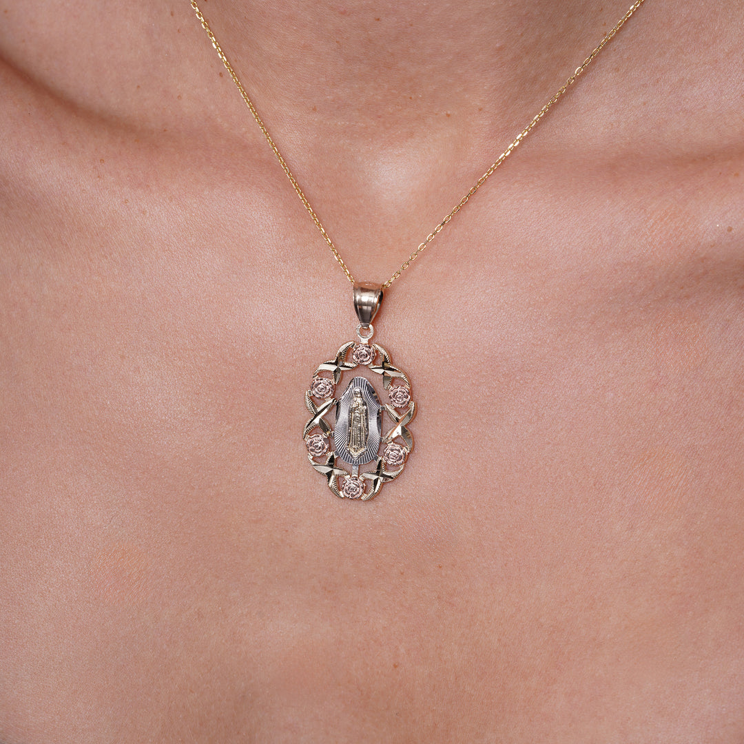14K Tri Color Gold Guadalupe With Flowers Pendant