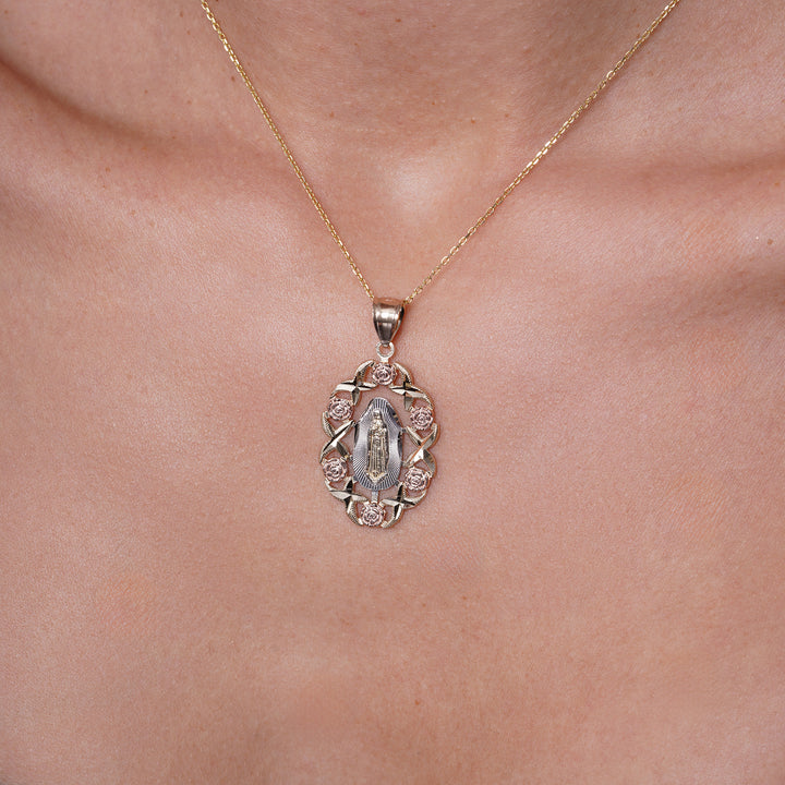 14K Tri Color Gold Guadalupe With Flowers Pendant