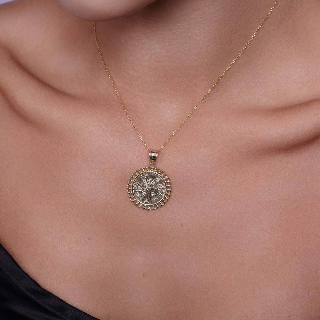 14k Yellow Gold 50 Pesos Centenario Coin Pendant with Cuban-Style Frame