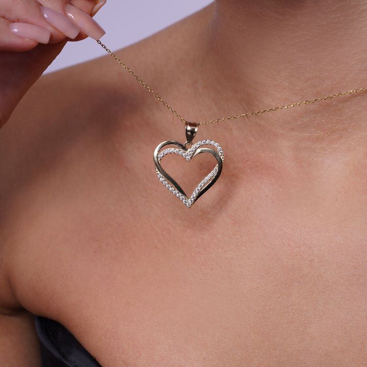 14k Yellow Gold Open Heart Pendant with Cubic Zirconia Stones