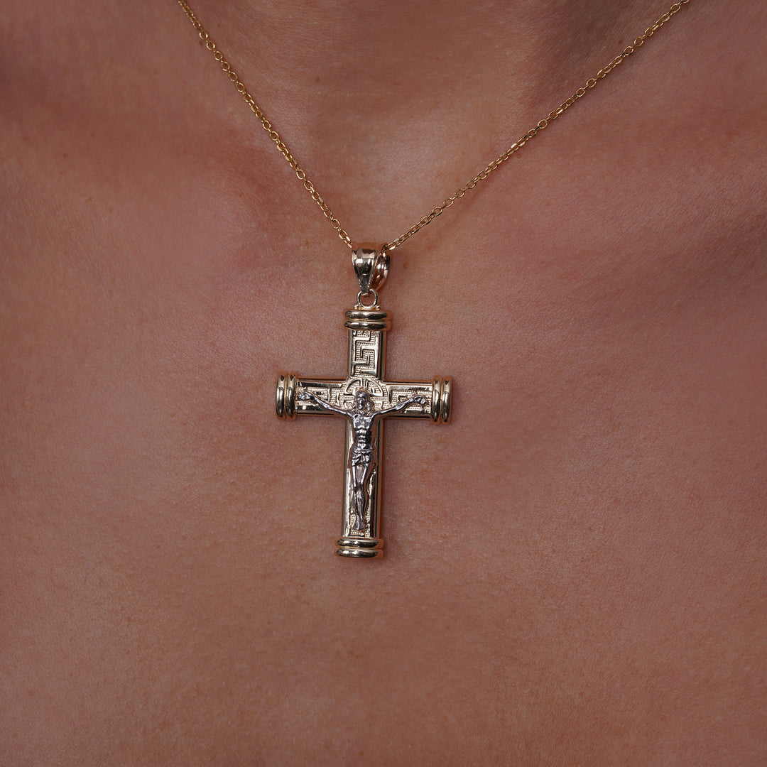 14K Yellow Gold Greek Key Crucifix Pendant Two-Tone