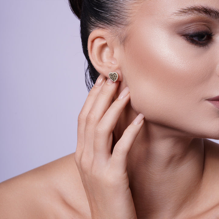 14K Yellow Gold Heart Nugget Earring With Cubic Zirconia Stones