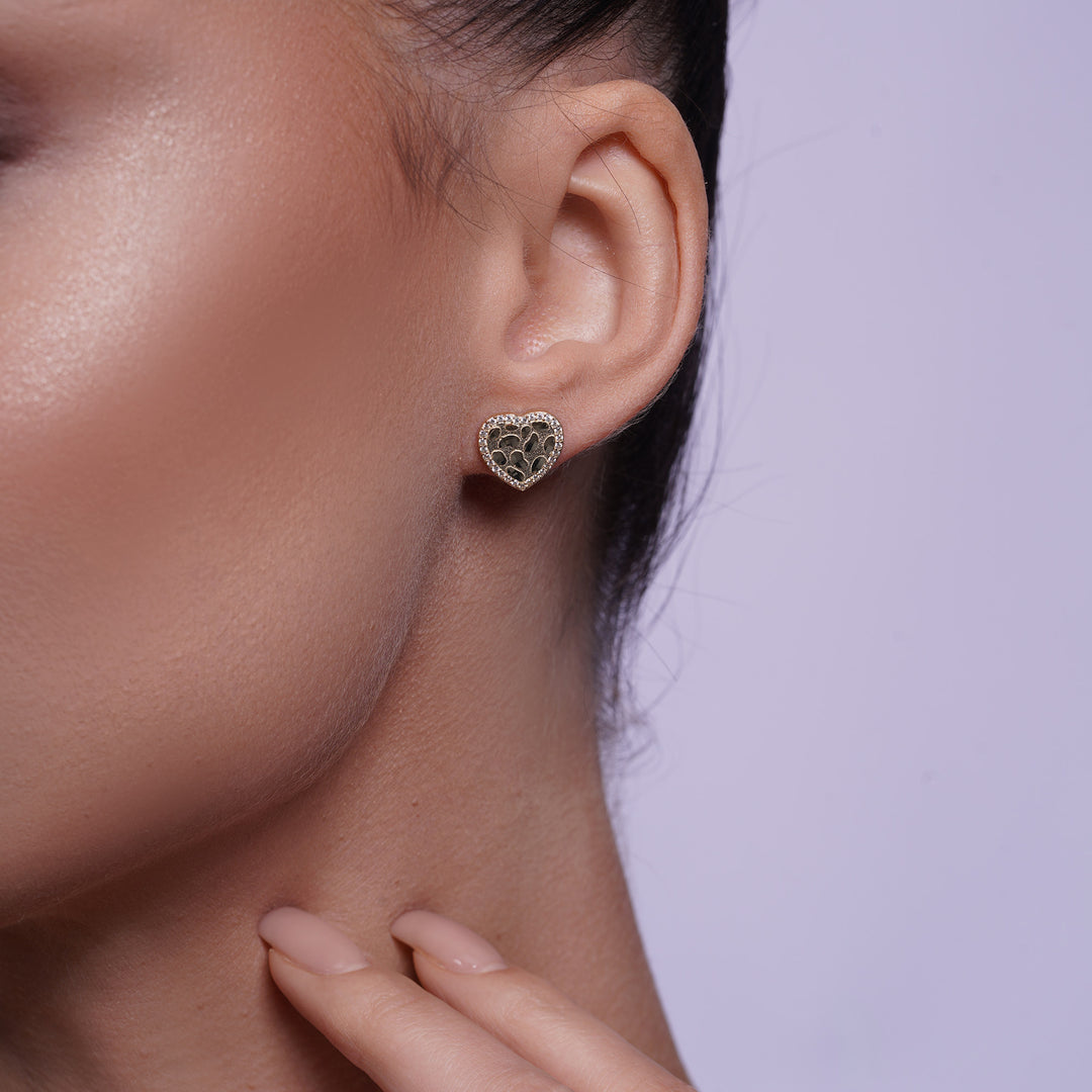 14K Yellow Gold Heart Nugget Earring With Cubic Zirconia Stones