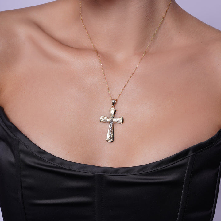 14K Yellow Gold Heritage Greek Key Crucifix Two-Tone