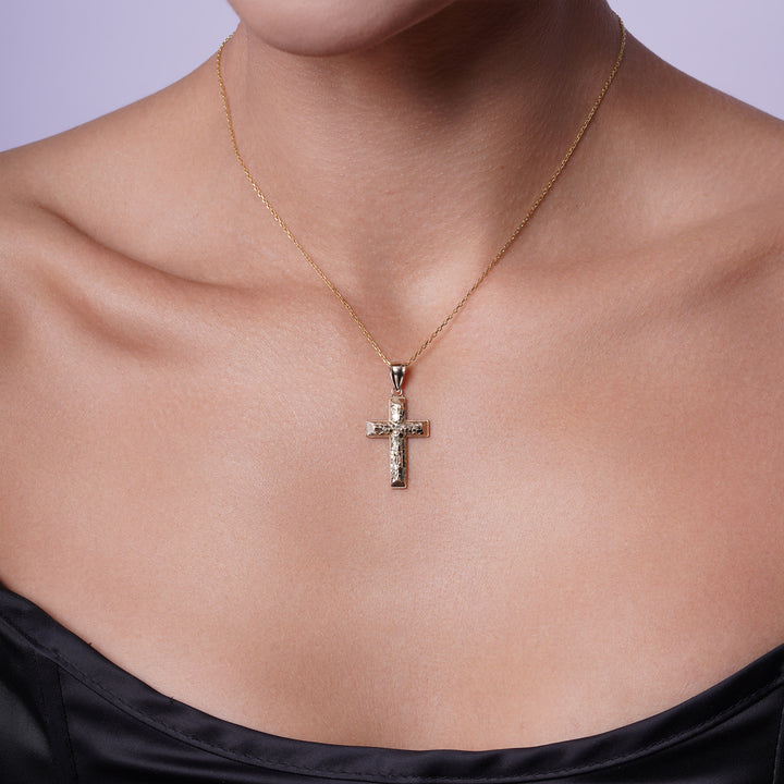 14k Yellow Gold Nugget Cross with Miligrain On The Frame Pendant