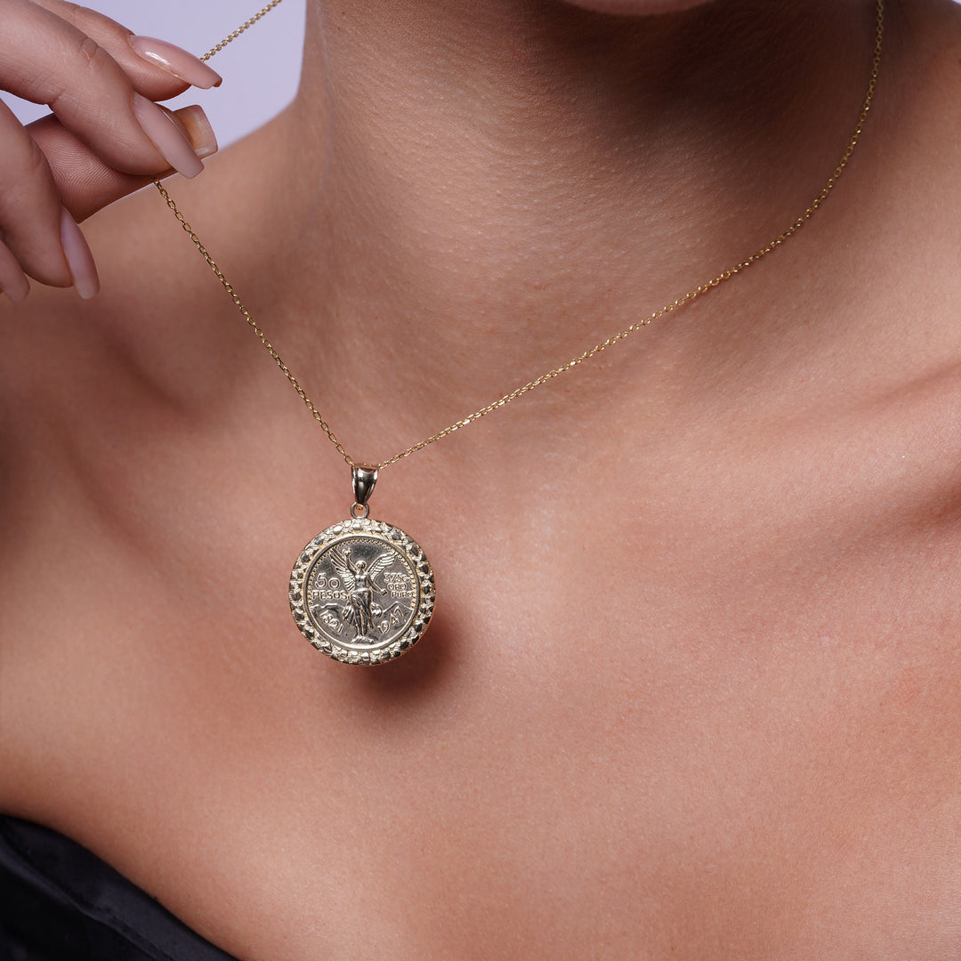 14k Yellow Gold 50 Pesos Centenario Coin Pendant with Nugget-Style Frame