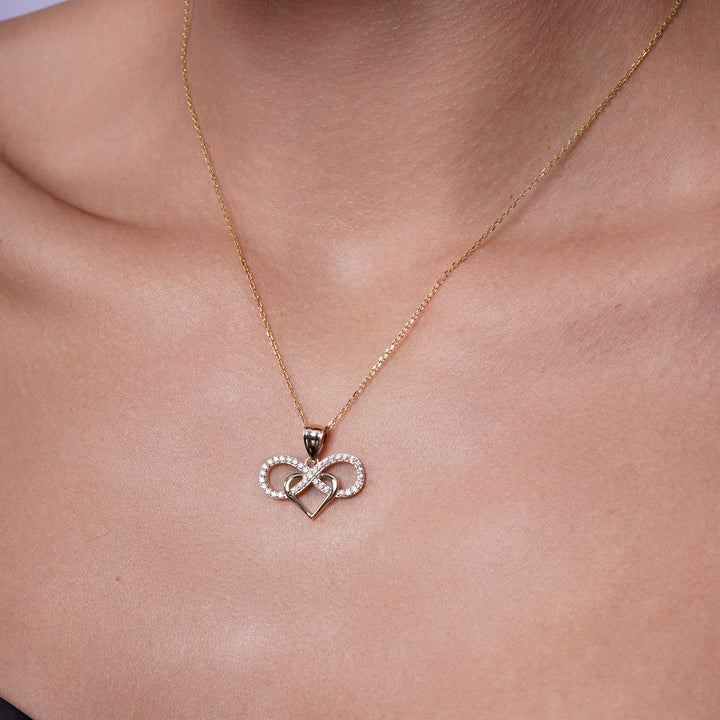 14K Yellow Gold Infinity Heart Pendant With Cubic Zirconia Stones