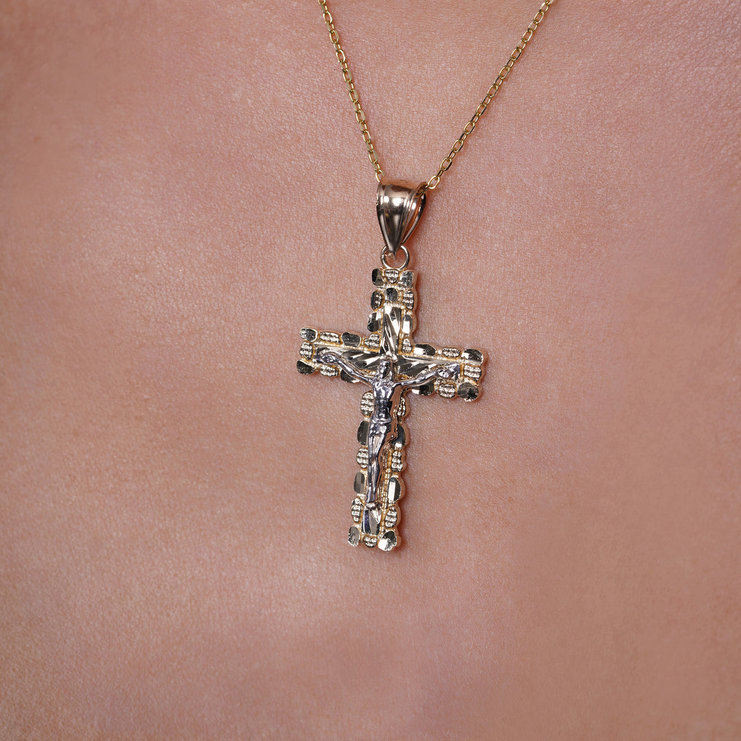 14k Yellow Gold Nugget-Edge Crucifix Two-Tone Pendant