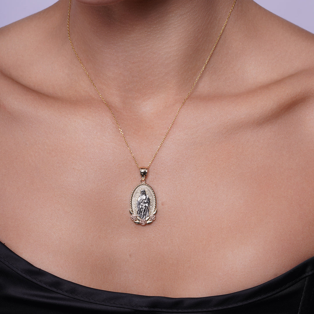 14K Tri Color Gold Guadalupe Medallion With Flowers Pendant